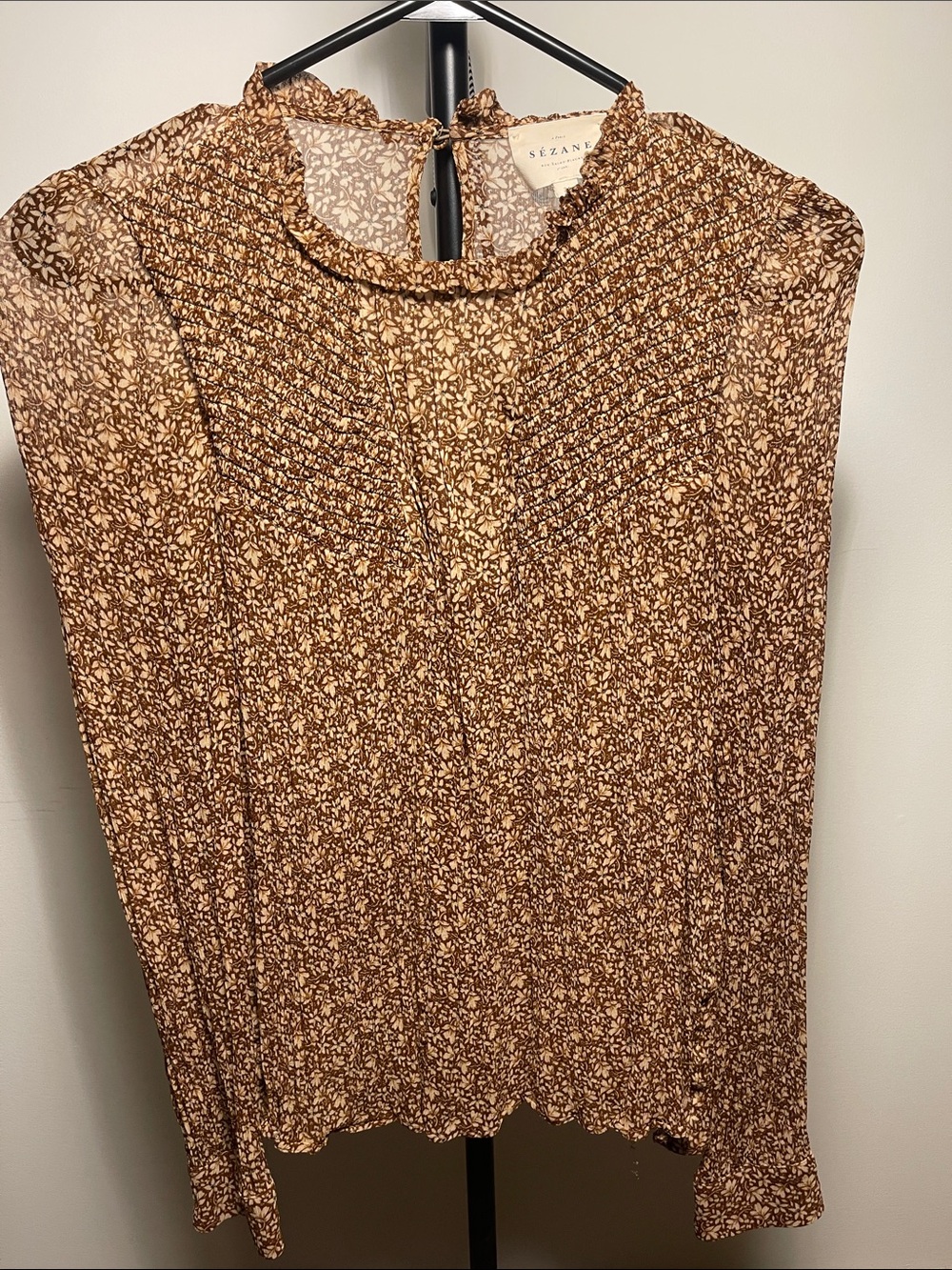 Sézane Brown and Cream Floral Smocked Blouse